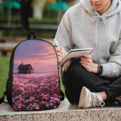 17 In Laptop Backpack Water Resistant Travel Backpack Black | Sunset And Flower Sea, Breathable Airflow Back Panel, Adjustable Ergonomic Shoulder Straps, Foam-Padded Top Carry Handle