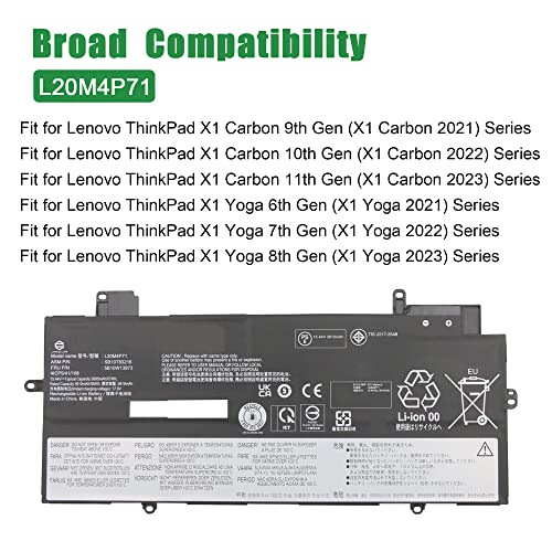 L20M4P71 SB10T83216 5B10W13973 Laptop Battery Replacement for Lenovo ThinkPad X1 Carbon 9th 10th 11th Gen X1 Yoga 6th 7th 8th Gen Series L20C4P71 SB10T83217 L20D4P71 L20L4P71 15.44V 57Wh - size: 13.5*5.3*1.3inch L20M4P71