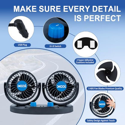 XOOL Car Fan – Car Cooling Fan with 2 USB Charging Ports, Quiet Strong Airflow, Cigarette Lighter Plug, Fan for Car, Vehicles, RVs, and SUVs - size: Cigarette Dual Fan - Front (Dual USB Ports)