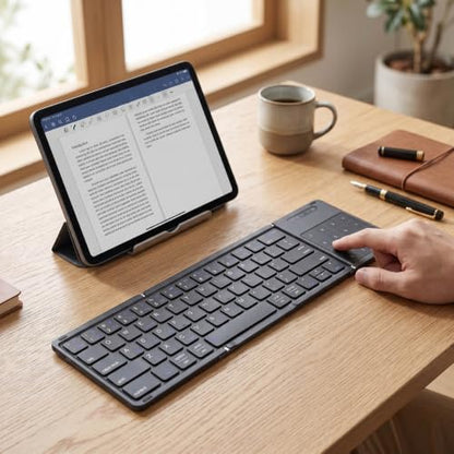 Foldable Keyboard with Touchpad, PU Leather Cover Bluetooth, Rechargeable 3 Fold Wireless Keyboard with Number Pad for Travel Tablet Laptop Users (Black) - color: Black