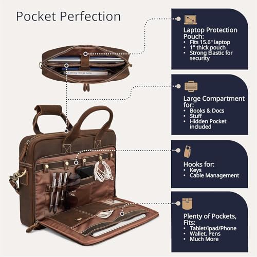Hindoro 16 Inch Full Grain Leather Laptop Messenger Briefcase Bag for Men - Leather Satchel for Business Travel and Office Crossbody Shoulder Bag - Brown