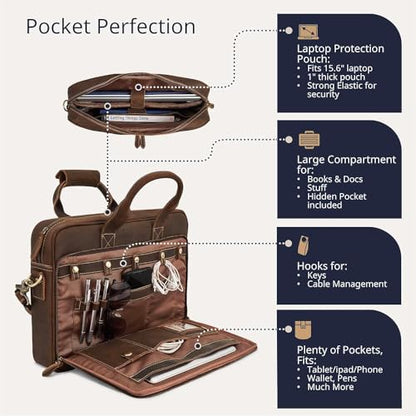 Hindoro 16 Inch Full Grain Leather Laptop Messenger Briefcase Bag for Men - Leather Satchel for Business Travel and Office Crossbody Shoulder Bag - Brown