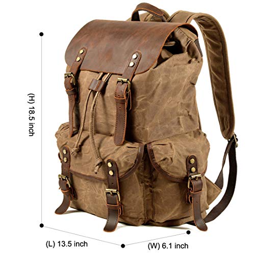 WUDON Leather Backpack for Men, Waxed Canvas Shoulder Rucksack Carry-On Travel Backpack - color: Khaki-regular