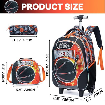 Meetbelify Kids Rolling Backpack with Wheels for Boys Rolling Backpacks with Lunch Box for Elementary School Students 3 in 1 Travel Luggage Carry on Suitcase for Boys Age 8-10 - color: 02 Basketball