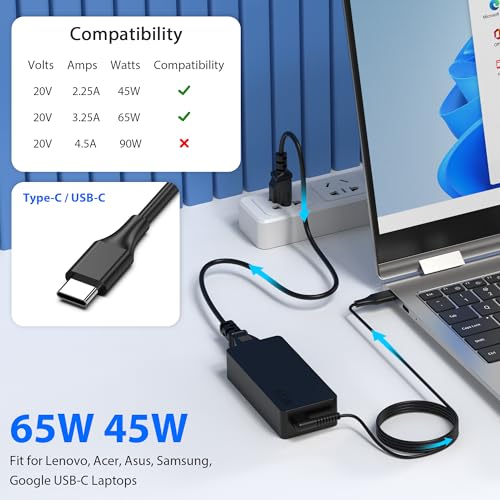 65W 45W USB C Laptop Charger Compatible with Lenovo ThinkPad Yoga Chromebook 65W Laptop AC Adapter Power Supply Cord - color: Ceramic Black