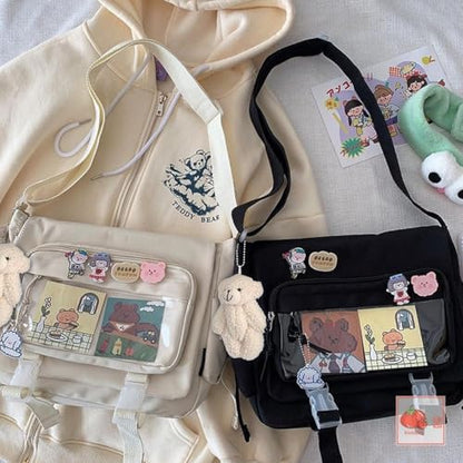 Kawaii Crossbody Ita Bag for Women with Pin & Plush Bear - Japanese Messenger Bags Y2K Shoulder Purse - color: A Blue