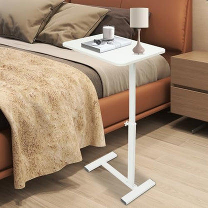 Overbed Table with Hidden Wheels, Bedside Table with Height Adjustable, H-Shaped Base, White Modern Rolling Table Tray & Laptop Cart for Laptop, Reading & Dining