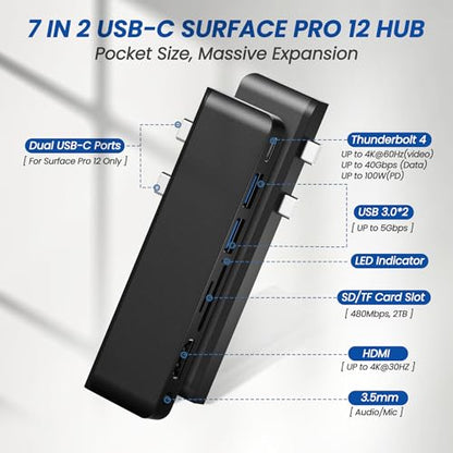 Surface Pro 12 Docking Station Hub, Surface Pro 12 Accessories with 4K HDMI, USB-C Thunerbolt 4 (4K60Hz Video+Data+100W PD), 3.5mm Audio, SD/TF, 2*USB 3.0 Hub for Microsoft Surface Pro 12 inch 2025 - color: Black