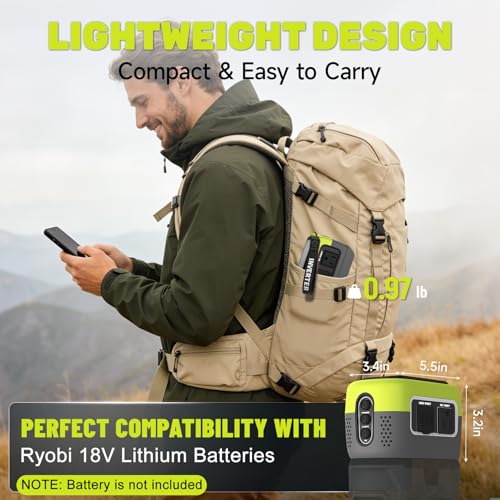 240W Power Inverter Pure Sine Wave Compatible with Ryobi 18V Battery | No Battery, 7A Fast Charger, Portable Power Station with 120V AC Outlets, USB-C (140W), 2 QC USB Ports(18W), 600LM LED(Green) - color: Green
