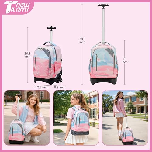NEW TILAMI 18 Inch Rolling Backpack with Lunch Bag for Girls Boys School | 6-Wheel Stair-Climbing Girls Boys Carry-on Suitcase Water-Resistant Adjustable Trolley Handle Wheels School Travel Camping - color: Pink Sunset Glow