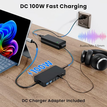 Surface Thunderbolt 4 Dock Triple Displays 4K HDMI*2+VGA, 12 in 1 Surface Pro Docking Station with 100W Power Adapter for MS Surface Pro 12/11/10/9/8/X/7+/7,Laptop 7/6/5/4/3,Laptop Go,Studio