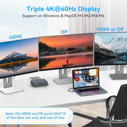 DisplayLink Docking Station 3 Monitors, 19 in 1 Laptop Docking Station | Triple 4K 60Hz HDMI/DisplayPort, 100W PD, Thunderbolt 3/4, USB 3.2 10Gbps, Audio and Ethernet Port, for MacBook Pro/Air M1-M5
