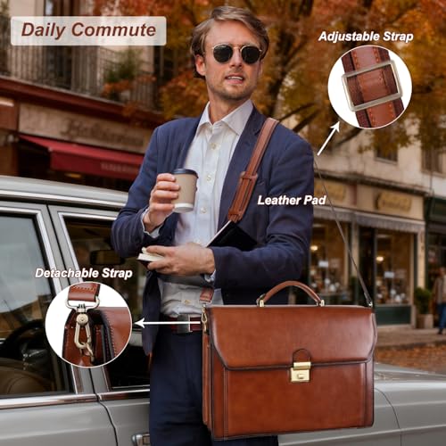 Banuce Leather Briefcase for Men with Lock Fits Laptop | Travel-friendly Luggage Strap,Lawyer Briefcase,Expandable,Detachable Shoulder Strap,Office Work,Business Travel - size: Large