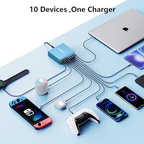 320W USB C Charger Block, 10-Port GaN USB C Charging Station Light Blue | PD 65W Laptop Fast Charger Adapter for MacBook Pro/Air, DELL, iPad, iPhone, Samsung Galaxy - color: Light Blue