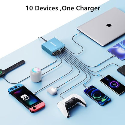 320W USB C Charger Block, 10-Port GaN USB C Charging Station Light Blue | PD 65W Laptop Fast Charger Adapter for MacBook Pro/Air, DELL, iPad, iPhone, Samsung Galaxy - color: Light Blue