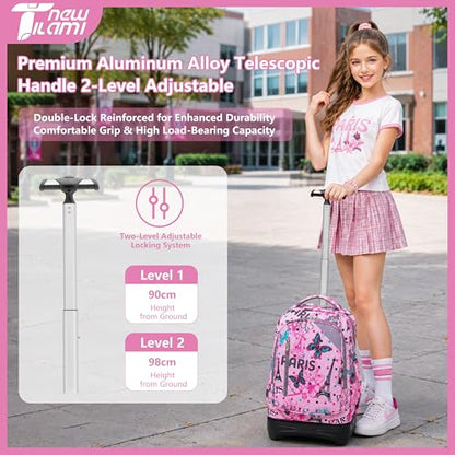NEW TILAMI 18 Inch Rolling Backpack with Lunch Bag for Girls Boys School | 6-Wheel Stair-Climbing Girls Boys Carry-on Suitcase Water-Resistant Adjustable Trolley Handle Wheels School Travel Camping - color: Pink Romantic Paris