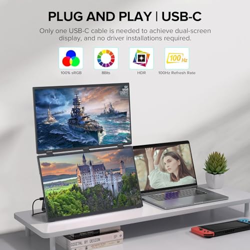 18.5" FHD 1080P Dual Portable Monitor 100% sRGB Laptop Screen Extender, 330° Screen Adjustment & 135° Stand, VESA Mountable, USB-C/HDMI, Travel Monitor for Laptop, Windows