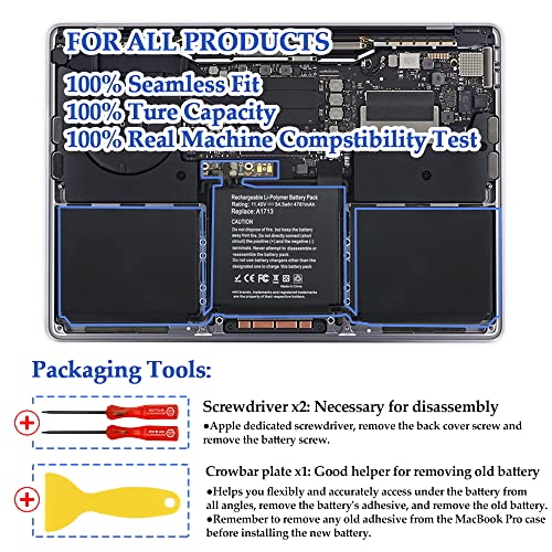 A1708 Battery Replacement, A1713 Battery for MacBook Pro 13 Inch A1708 [Late 2016, Mid 2017] EMC 2978 3164 MPXQ2LL MLL42LL MLUQ2LL MPXR2LL MPXU2LL MPXT2LL MacBookPro13,1 14,1 11.4V 54.5Wh 4781mAh - size: 11.4*3.5*0.15inch A1713