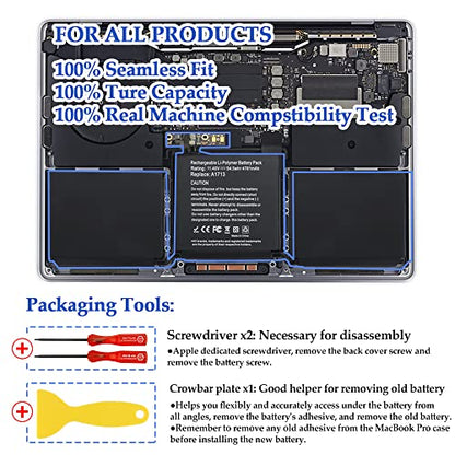 A1708 Battery Replacement, A1713 Battery for MacBook Pro 13 Inch A1708 [Late 2016, Mid 2017] EMC 2978 3164 MPXQ2LL MLL42LL MLUQ2LL MPXR2LL MPXU2LL MPXT2LL MacBookPro13,1 14,1 11.4V 54.5Wh 4781mAh - size: 11.4*3.5*0.15inch A1713