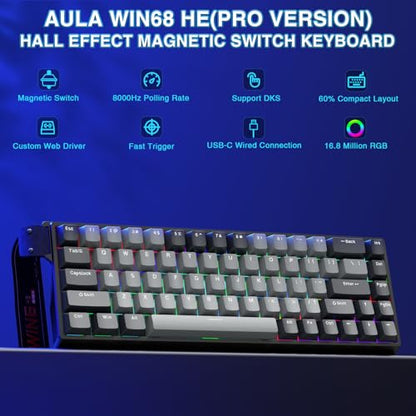 AULA WIN68 HE PRO - Hall Effect Gaming Keyboard with Magnetic Switch, Fast Trigger Mode Adjustable Actuation, 8KHz Polling Rate, Wired RGB Backlit Mechanical Gaming Keyboard 60 Percent Compact Design - color: Grey-pro version