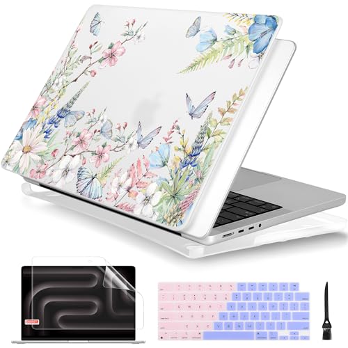 Batianda Aesthetic Case for MacBook Pro 14 Inch 2026-2021, Elegant Flowers | Fits M5/M4/M3/M2/M1 Pro Max Model, 4-in-1 Bundle with Butterfly Floral Design, Slim Hard Shell for Women and Garden Lovers - color: Elegant Flowers