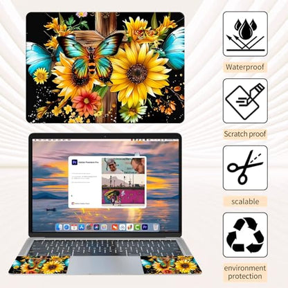 Laptop Skin Sticker 3-Piece Set,Wooden Cross Flowers Sunflower | Trim-to-fit 3-piece vinyl set with one 15 x 10.6 in lid skin and two palm-rest decals for many 12-15.6 in laptops - color: Wooden Cross Flowers Sunflower