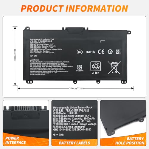 HT03XL L11119-855 Replacement Laptop Battery for HP Pavilion 14-CE 14-CF 15-CS 15-DA 15-DB 15-DW 250 G7 Series, 41.1Wh 3600mAh Compatible with TPN-Q207 Q208 14M-DH0003DX 15-CS0053CL 15-DA0014DX