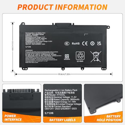 HT03XL L11119-855 Replacement Laptop Battery for HP Pavilion 14-CE 14-CF 15-CS 15-DA 15-DB 15-DW 250 G7 Series, 41.1Wh 3600mAh Compatible with TPN-Q207 Q208 14M-DH0003DX 15-CS0053CL 15-DA0014DX