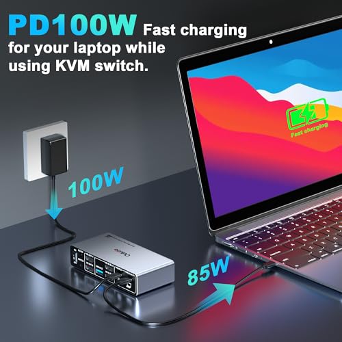 usbc kvm Switch 2 Monitors 1 Desktop and 1 Laptop 4K@60Hz, Dual Monitor KVM Switch Docking Station, Expand 2 HDMI Displays,3xUSB 3.0,1xUSB c,PD 80W, Wired Remote and USB c Cable Included
