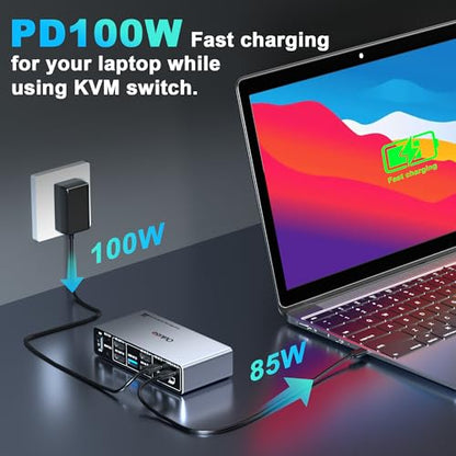 usbc kvm Switch 2 Monitors 1 Desktop and 1 Laptop 4K@60Hz, Dual Monitor KVM Switch Docking Station, Expand 2 HDMI Displays,3xUSB 3.0,1xUSB c,PD 80W, Wired Remote and USB c Cable Included