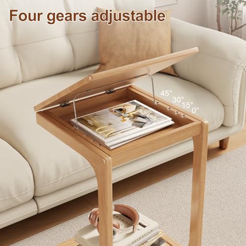 AQIMUELE Wooden C-Shaped End Table,Couch Table with Adjustable Desktop,Small Rolling Side Table with 2 Lockable Wheels,Small End Table for Couch, Living Room,Bedroom (Natural) - color: Natural, size: 15.6"D x 15.7"W x 24.8"H, style: Modern 2 Tier