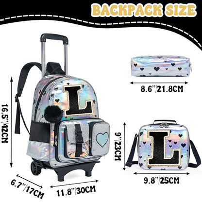 HTgroce Cute Rolling Backpack with Wheel,School Backpack for Kids Girl Roller Schoolbag Wheeled Backpacks Set Carry-on Luggage,Initial L - color: Silver, style: L