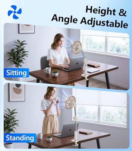 Adjustable Arm Clip On Fan for Desk, Gooseneck Clamp Fan, 3000mAh Battery | 3-Speed Quiet Desk Fan with Strong Clamp, Flexible 360° Arm Adjustment for Office, Bedroom, Dorm, Gaming Desk & Home（Brown） - color: Brown