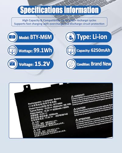 99.99Wh BTY-M6M Battery for MSI GS66 Stealth 10SE 10SF 11UE 11UH GE66 Raider 10UG 11UG GE76 for Dragon Tiamat 11UH WS66 10TM 11UMT 11UKT - 15.2V 6578mAh 4-Cell - size: 13.15*3.19*0.35 IN BTY-M6M