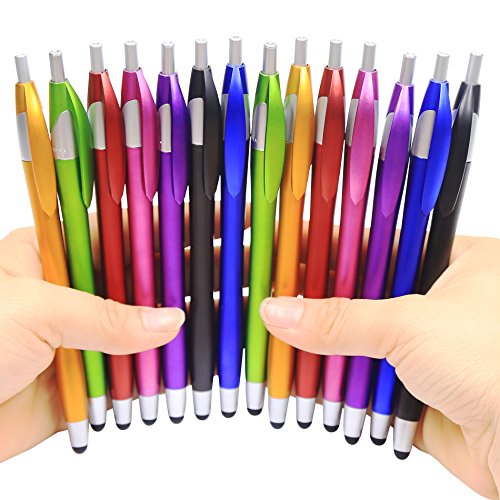 Skoloo Electronic Screen Touch Stylus,14 Pack 2 in 1 Slim Long Click Ink Stylus Ballpoint Pen For Universal Android Touch Screen Tablet Smartphone, Google Nexus, Samsung Galaxy, HTC, Multi-colored