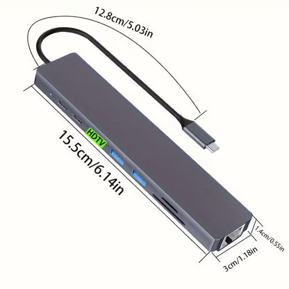 USB-C Hub, 8-in-1 Multiport Adapter with HDTV, USB 3.0, RJ45 Ethernet, SD Card Reader, and USB-C Charging Port