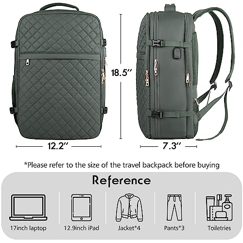 Large Travel Backpack Women, Flight Approved Carry On Backpack, Water Resistant Anti-Theft Large Casual Daypack Fit 17 Inch Laptop with USB Charging Port, Olive Green - color: Olive Green, size: 17.3 inch
