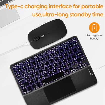 Ultra-Slim Bluetooth Keyboard with Built-in Touchpad and Mouse Portable Mini Wireless Keyboard Rechargeable 7-Color Backlit for Apple iPad iPhone Samsung Tablet iPhone Smartphone iOS Android Windows - color: black