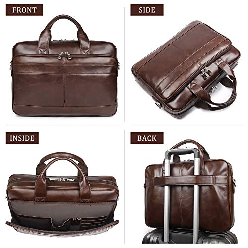 Augus Leather Briefcase for Men, 16 Inch, Full-Grain Leather, YKK Zipper - color: Brown Coffee
