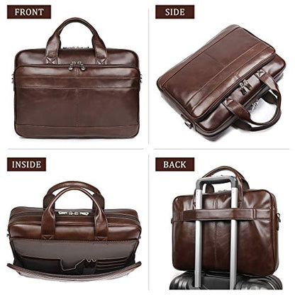 Augus Leather Briefcase for Men, 16 Inch, Full-Grain Leather, YKK Zipper - color: Brown Coffee