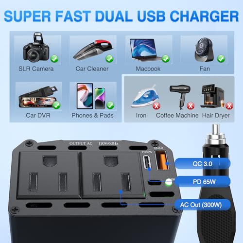 Nilight 300W Power Inverter 1 with PD 65W USB C & QC3.0 12V DC to 110V AC | Car Converter for Phones Tablets Laptop Computer Game Console Kindle iPad DVD Players Black - color: 300W USB+PD 110V Outlet*2