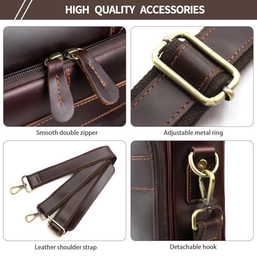 Jack&Chris Full Grain Leather Briefcase for Men, Business Messenger Bag Laptop Bag Attache Case, Fits 15.6 Inch Laptop - color: Mb005-update-red Coffee