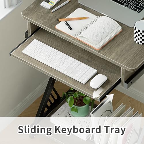 ALISENED Computer Desk for Small Spaces Compact Desk with Keyboard Tray | 23.6" Z-Shaped, with Wheels and Bottom Shelves, for Home Office, Computer Cart Mobile Laptop Cart, Grey - color: Grey