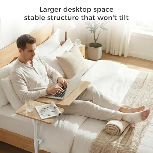 YUHFERA Rolling Table for Laptop Stand, Height and Angle Adjustable Over Bed Table with Wheels, Tilt-Top Laptop Desk for Couch with Cup Holder, Bed Table Tray for Eating (Oak) - color: Fair