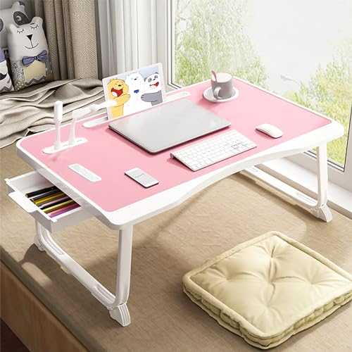 Laptop Bed Table, Laptop Desk for Bed, Foldable Laptop Bed Desk with USB Charge Port, Handle, Desktop Card Slot, Cup Slot, Side Drawer, Portable Laptop Table for Bed Eating Reading Working - color: Pink