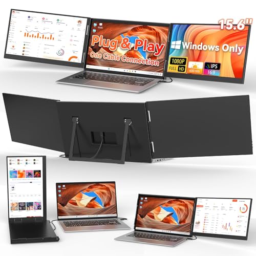 HotYeah Laptop Screen Extender (Windows Only), Dual 15.6" 1080P FHD Monitor | One Cable Connection, USB-C Travel Screen for 12 - 17" Laptop, Triple Portable Monitor w/ Kickstand & 240° Rotation - size: Dual 15.6"