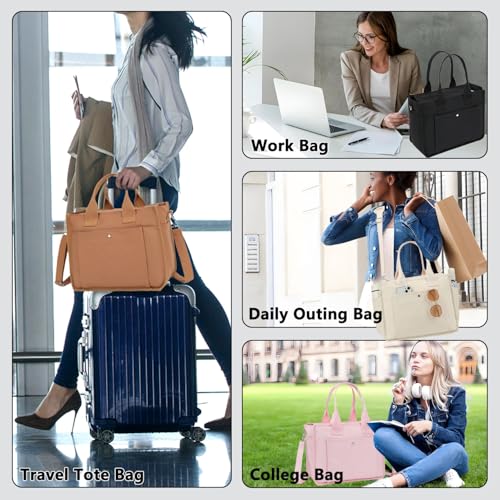 Fammart Large Canvas Tote Bag for Women with Zipper & Compartments, Crossbody Laptop Bags for Work College Travel - color: Beige