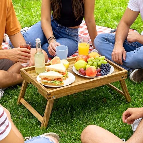 VaeFae Acacia Bed Table Tray, Wooden Breakfast Tray with Folding Legs, Bed Tray for Eating and Laptop, Eating Trays for Bedroom - size: Medium
