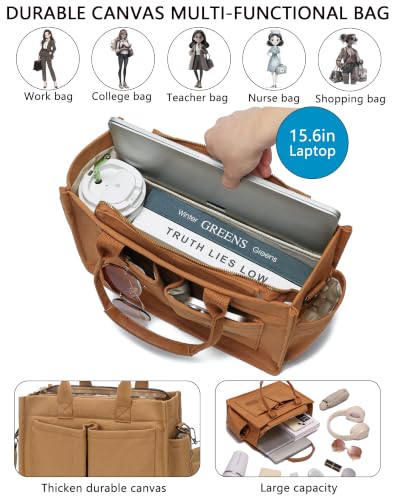 Canvas Tote Bag for Women,Women's Bags Crossbody Bags Work Laptop Tote Bag Large Handbags Purse for Travel Nurse Teacher - color: New Upgrade Brown With Compartments and Side Cup Holders