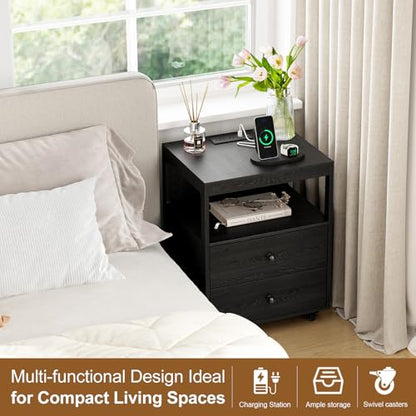 Bedroom Nightstand with Charging Station, Side Table with 2 Drawers,Sofa End Table Living Room with Wheels for Living Room Bedroom Office(Black) - color: [A2] Black